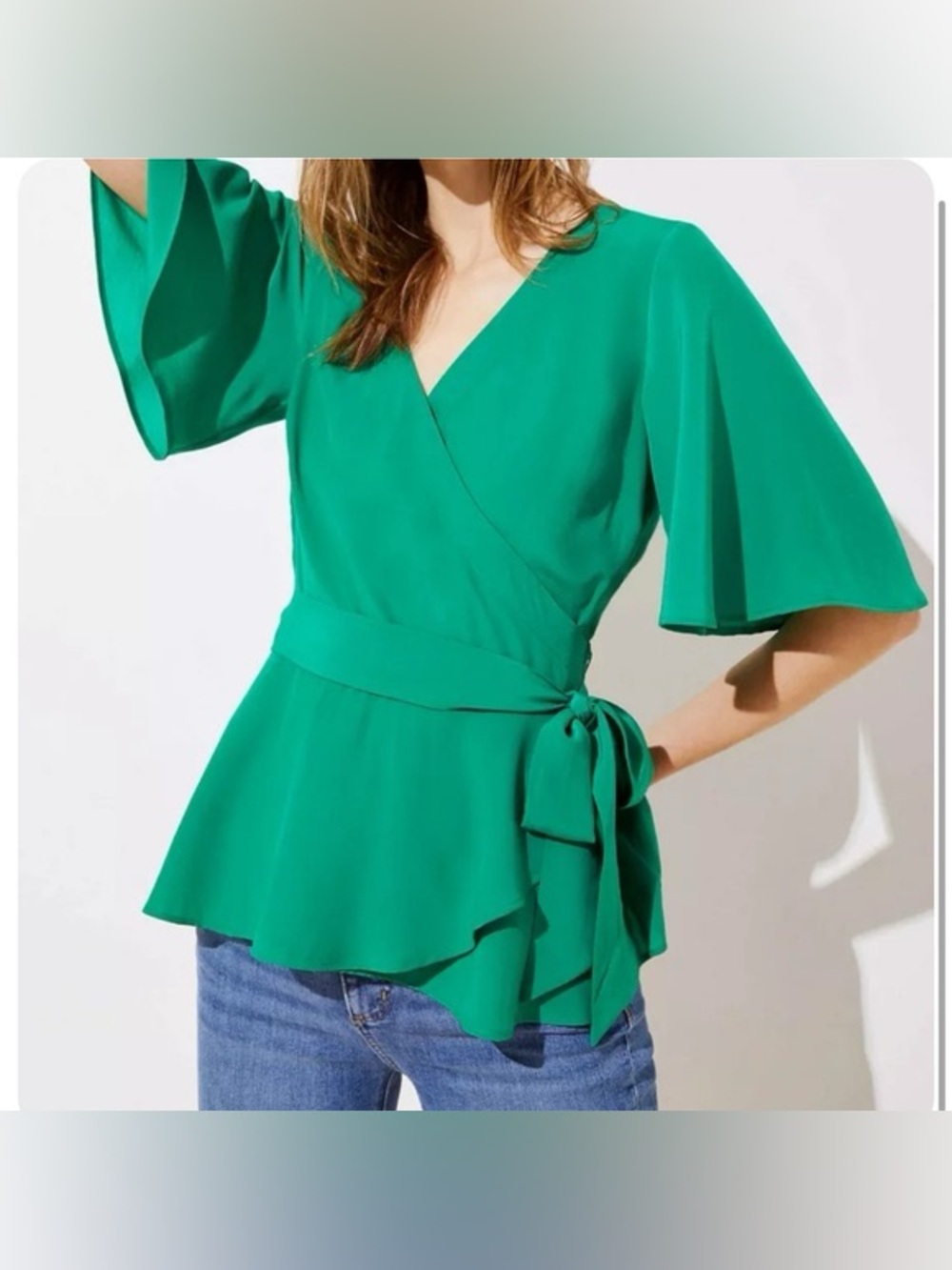 Ann Taylor LOFT NWT Kelly Green Wrap Front Short Sleeve Blouse Tie Front Small